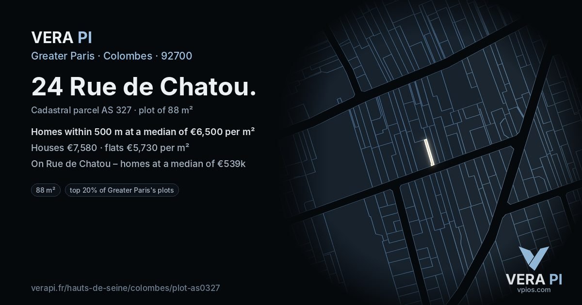 24 Rue de Chatou, Colombes at night – the plot lit, the parcels around coloured by the prices near them