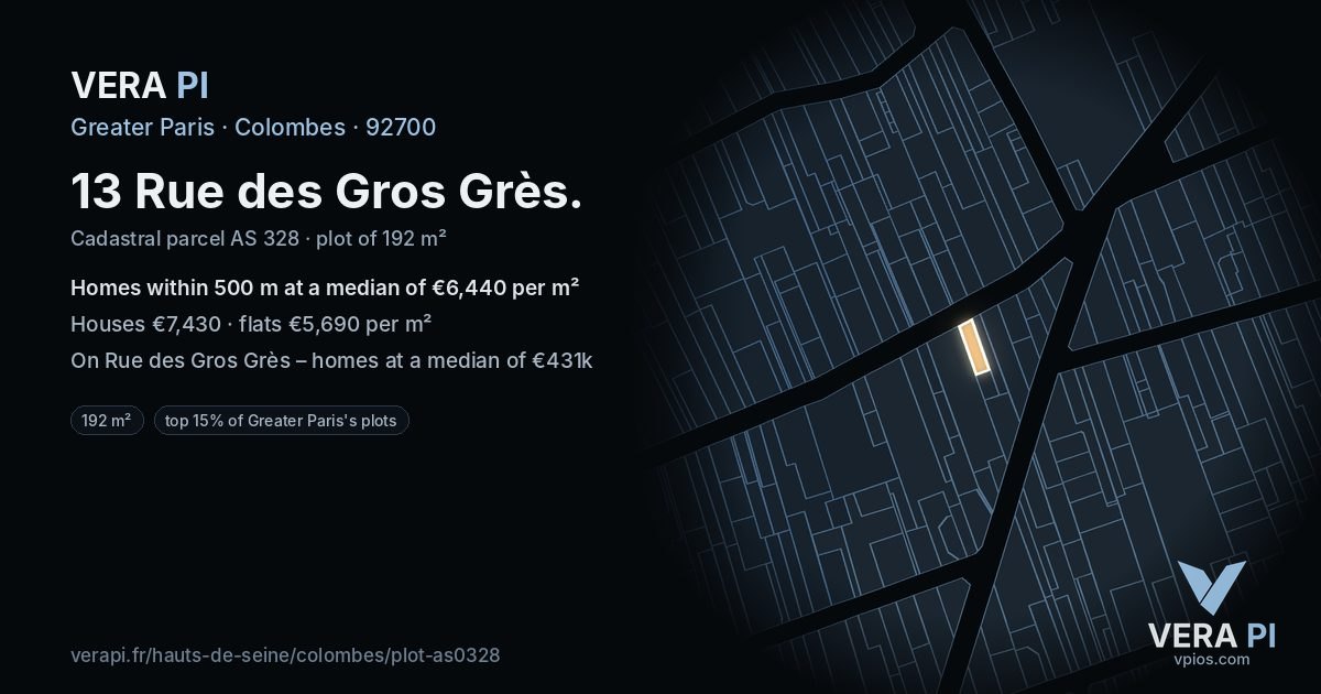 13 Rue des Gros Grès, Colombes at night – the plot lit, the parcels around coloured by the prices near them