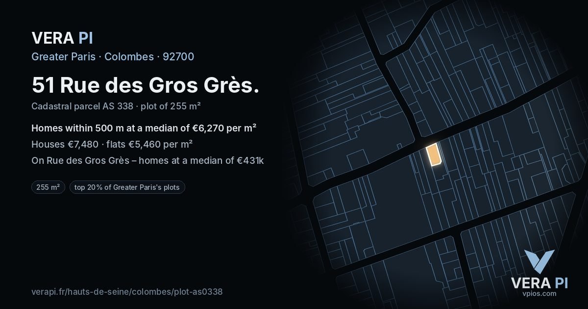 51 Rue des Gros Grès, Colombes at night – the plot lit, the parcels around coloured by the prices near them
