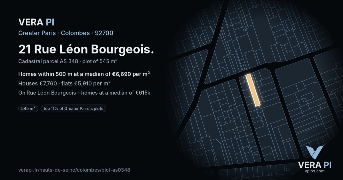 21 Rue Léon Bourgeois, Colombes at night – the plot lit, the parcels around coloured by the prices near them