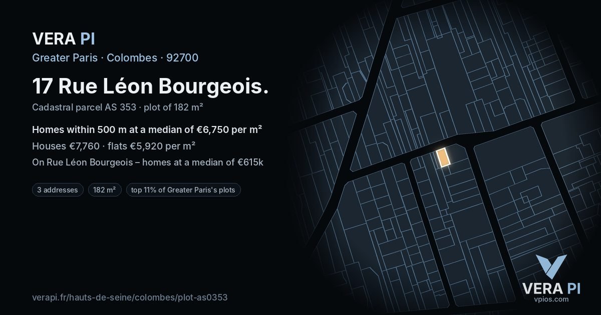 17 Rue Léon Bourgeois, Colombes at night – the plot lit, the parcels around coloured by the prices near them