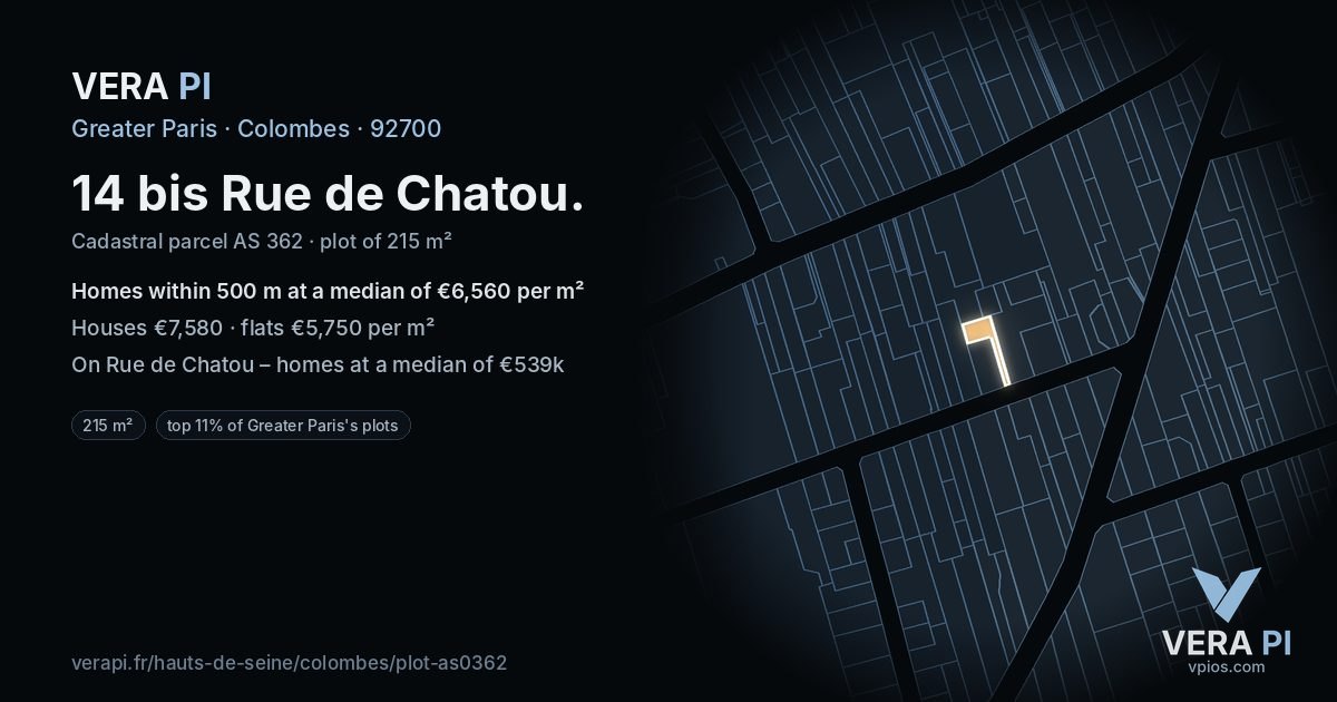 14 bis Rue de Chatou, Colombes at night – the plot lit, the parcels around coloured by the prices near them