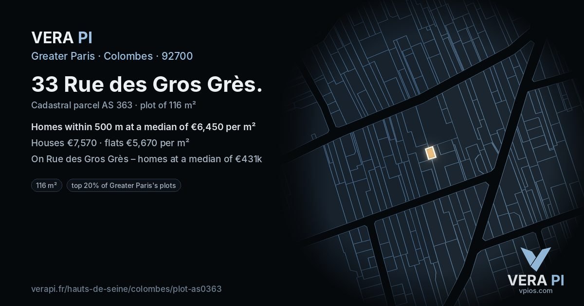33 Rue des Gros Grès, Colombes at night – the plot lit, the parcels around coloured by the prices near them