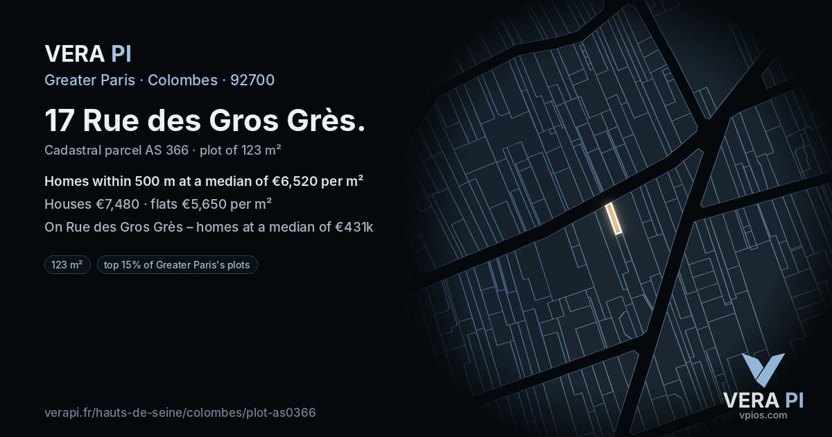 17 Rue des Gros Grès, Colombes at night – the plot lit, the parcels around coloured by the prices near them