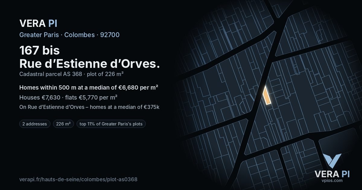 167 bis Rue d’Estienne d’Orves, Colombes at night – the plot lit, the parcels around coloured by the prices near them