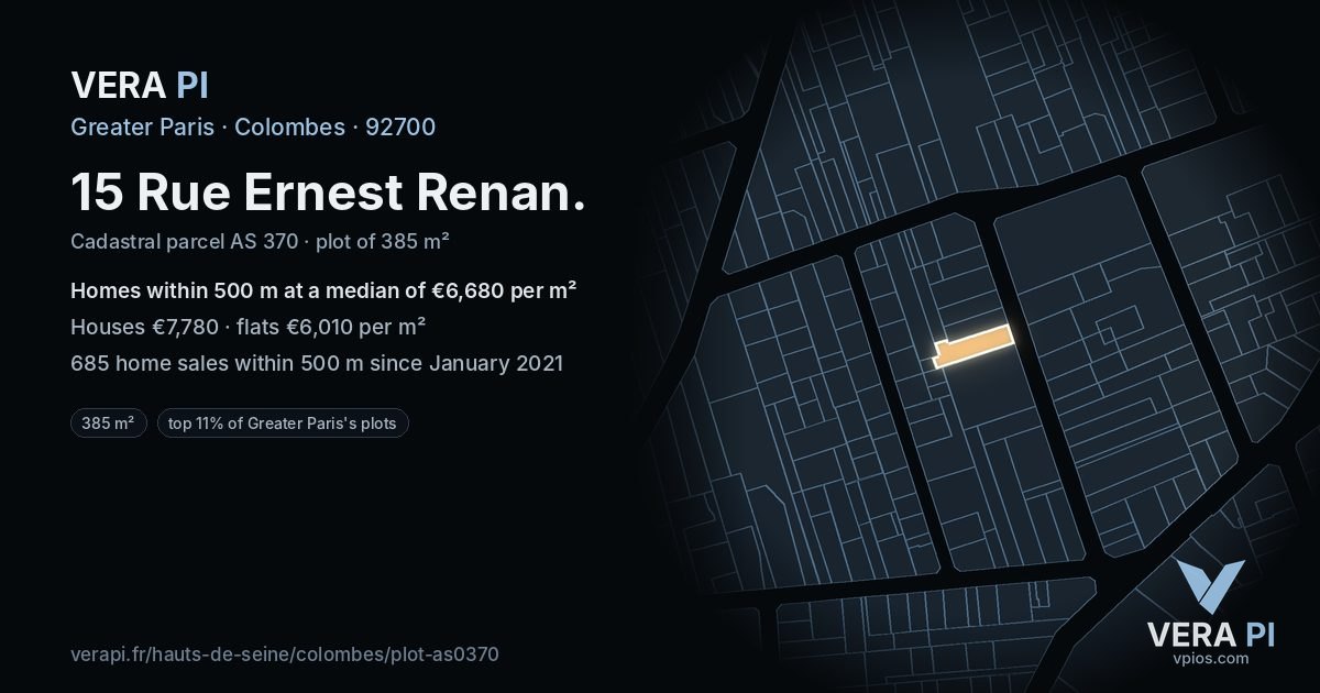 15 Rue Ernest Renan, Colombes at night – the plot lit, the parcels around coloured by the prices near them