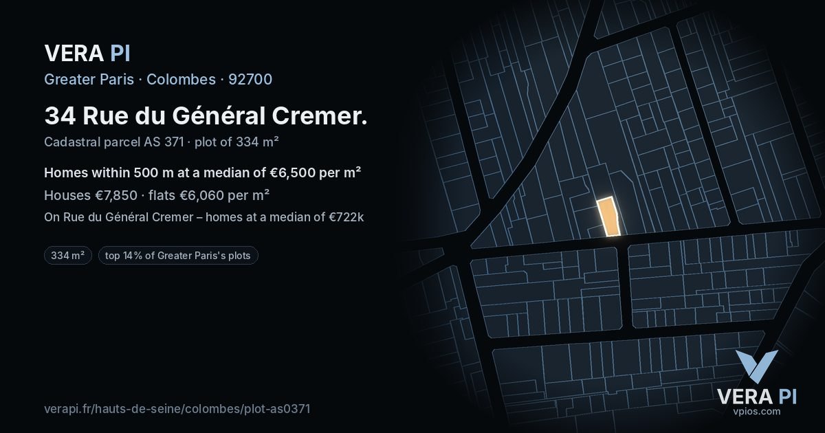 34 Rue du Général Cremer, Colombes at night – the plot lit, the parcels around coloured by the prices near them