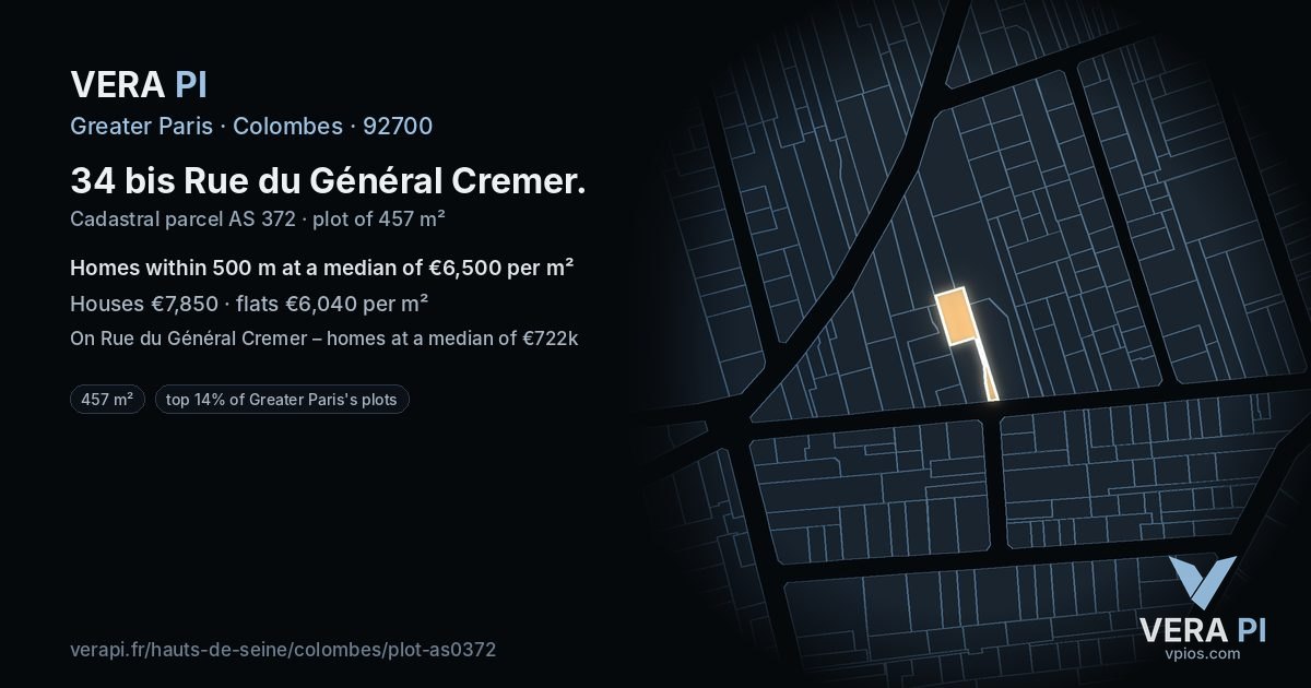 34 bis Rue du Général Cremer, Colombes at night – the plot lit, the parcels around coloured by the prices near them