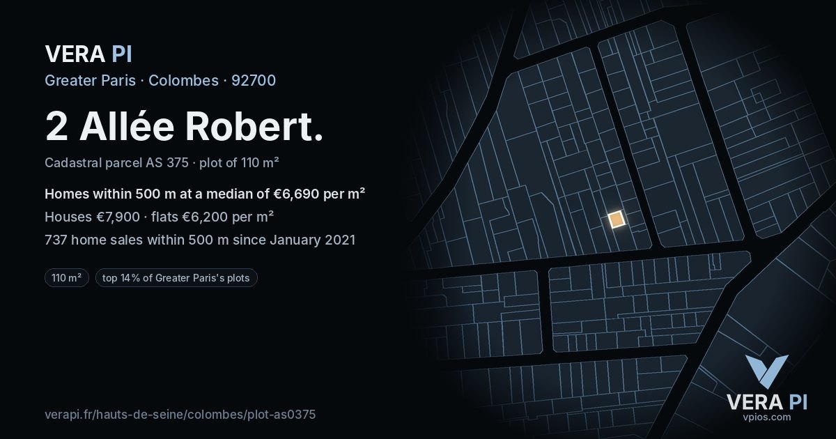 2 Allée Robert, Colombes at night – the plot lit, the parcels around coloured by the prices near them