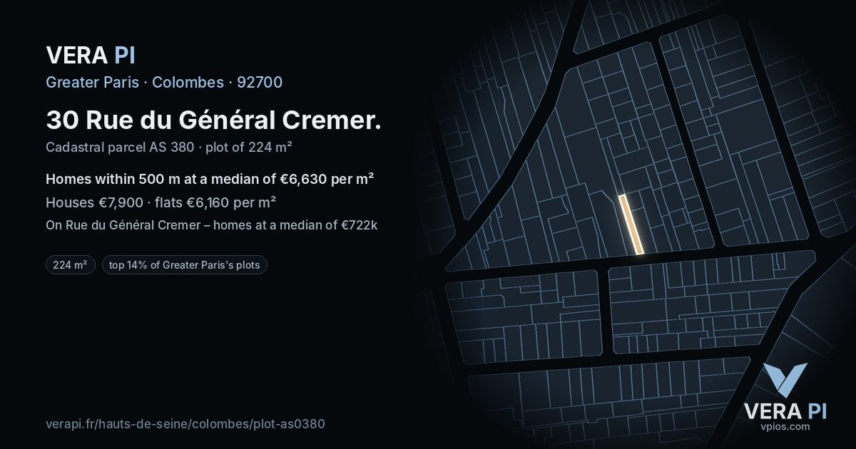 30 Rue du Général Cremer, Colombes at night – the plot lit, the parcels around coloured by the prices near them