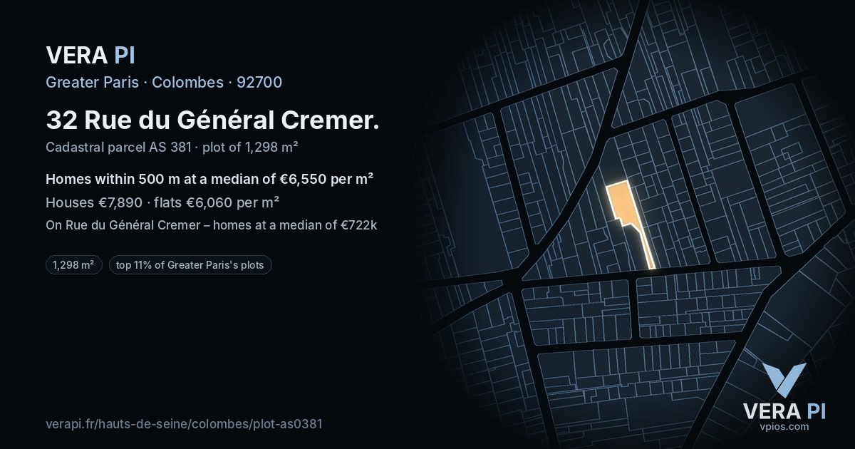 32 Rue du Général Cremer, Colombes at night – the plot lit, the parcels around coloured by the prices near them