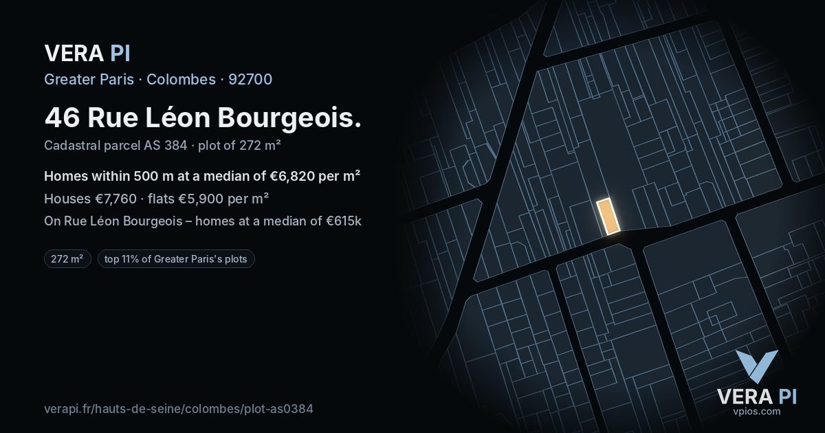 46 Rue Léon Bourgeois, Colombes at night – the plot lit, the parcels around coloured by the prices near them