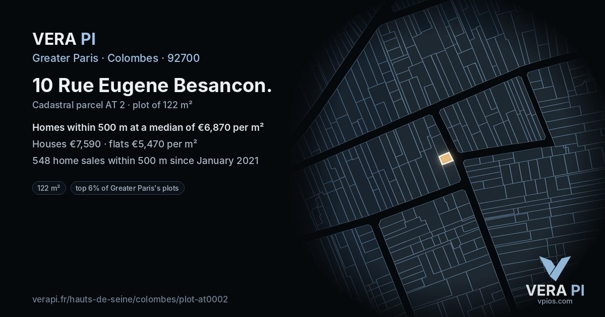 10 Rue Eugene Besancon, Colombes at night – the plot lit, the parcels around coloured by the prices near them
