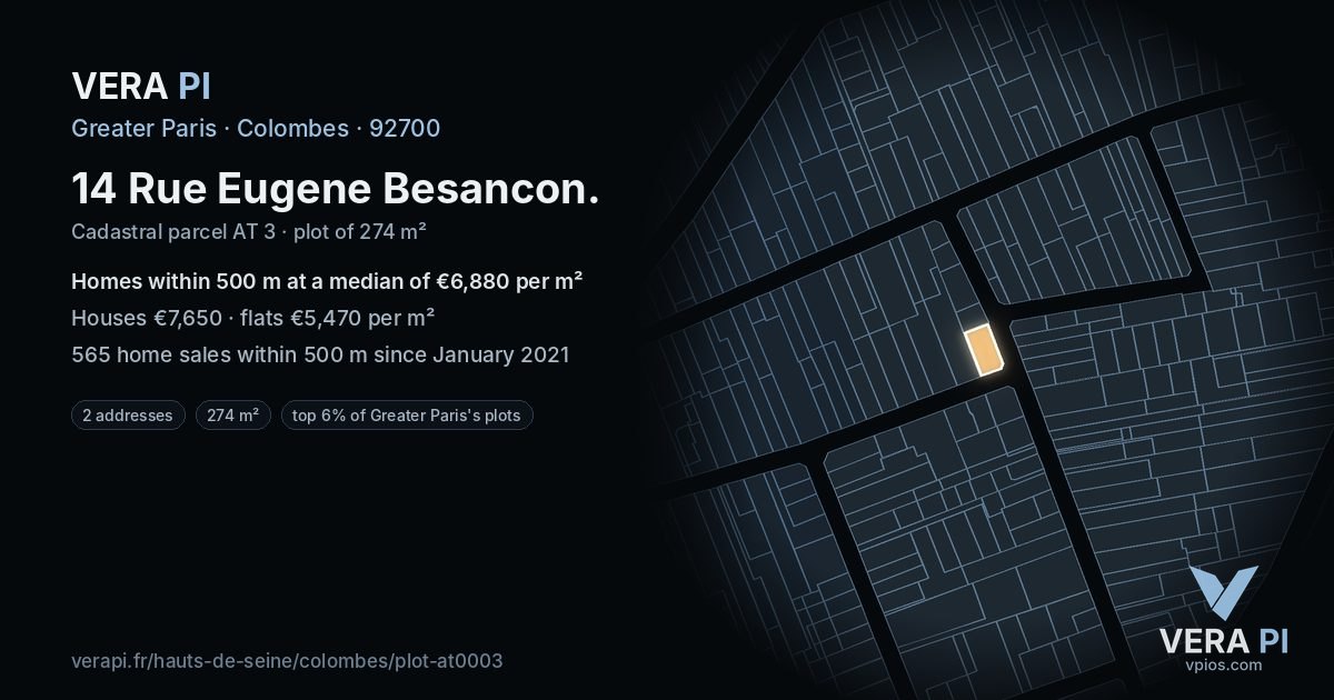 14 Rue Eugene Besancon, Colombes at night – the plot lit, the parcels around coloured by the prices near them