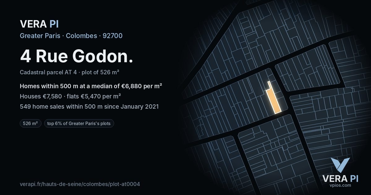 4 Rue Godon, Colombes at night – the plot lit, the parcels around coloured by the prices near them