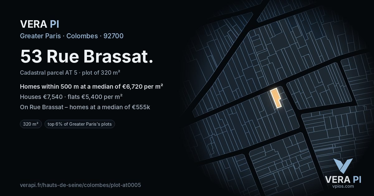 53 Rue Brassat, Colombes at night – the plot lit, the parcels around coloured by the prices near them