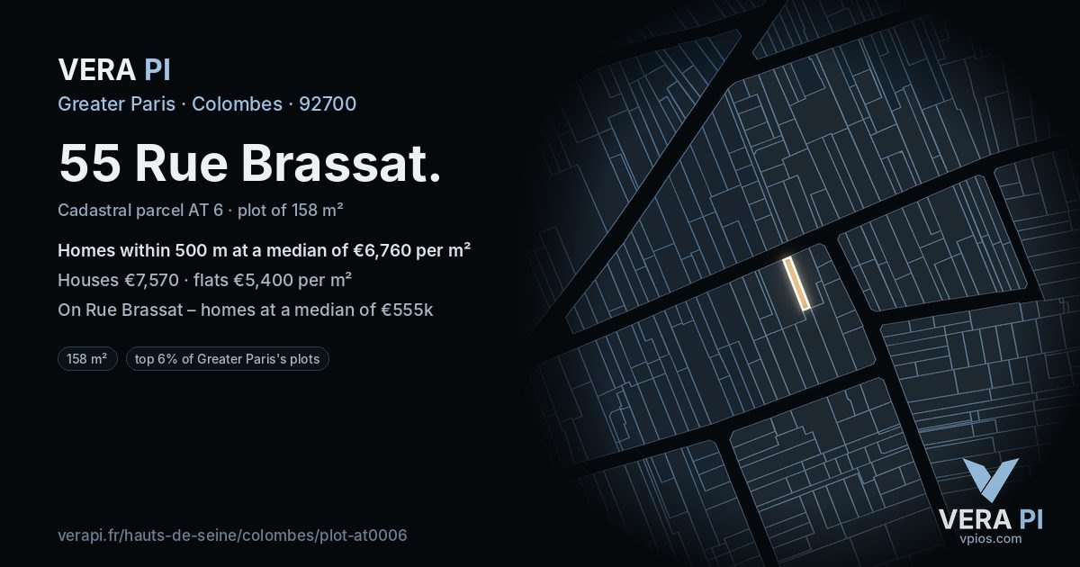 55 Rue Brassat, Colombes at night – the plot lit, the parcels around coloured by the prices near them