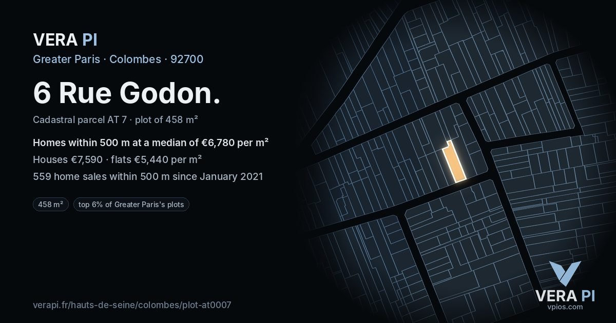 6 Rue Godon, Colombes at night – the plot lit, the parcels around coloured by the prices near them