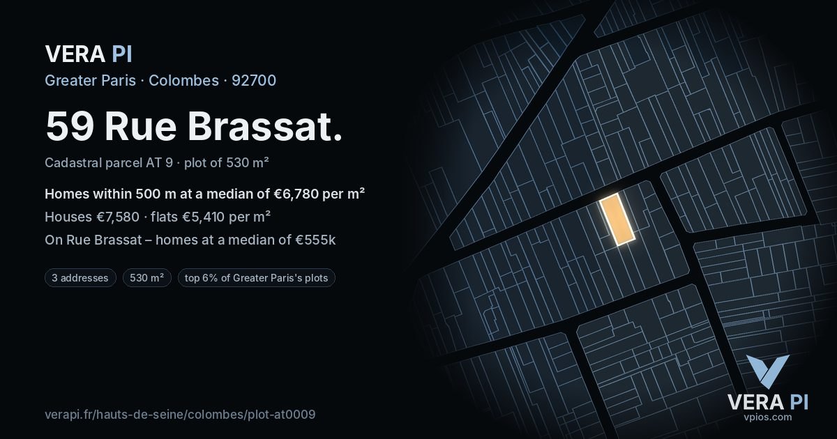 59 Rue Brassat, Colombes at night – the plot lit, the parcels around coloured by the prices near them