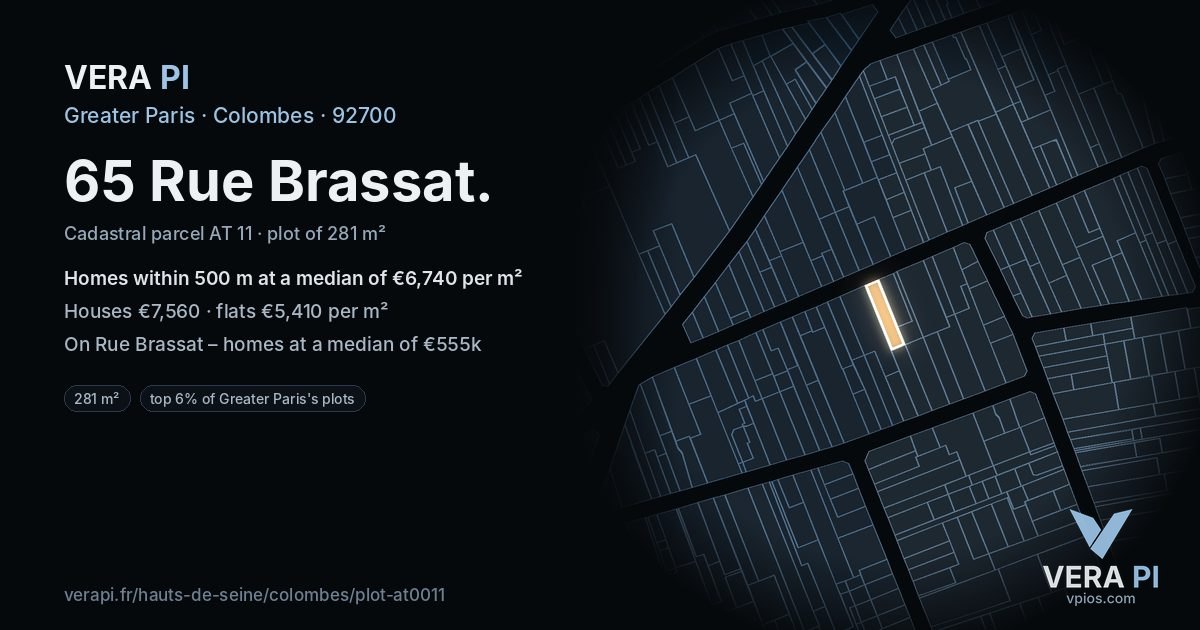 65 Rue Brassat, Colombes at night – the plot lit, the parcels around coloured by the prices near them