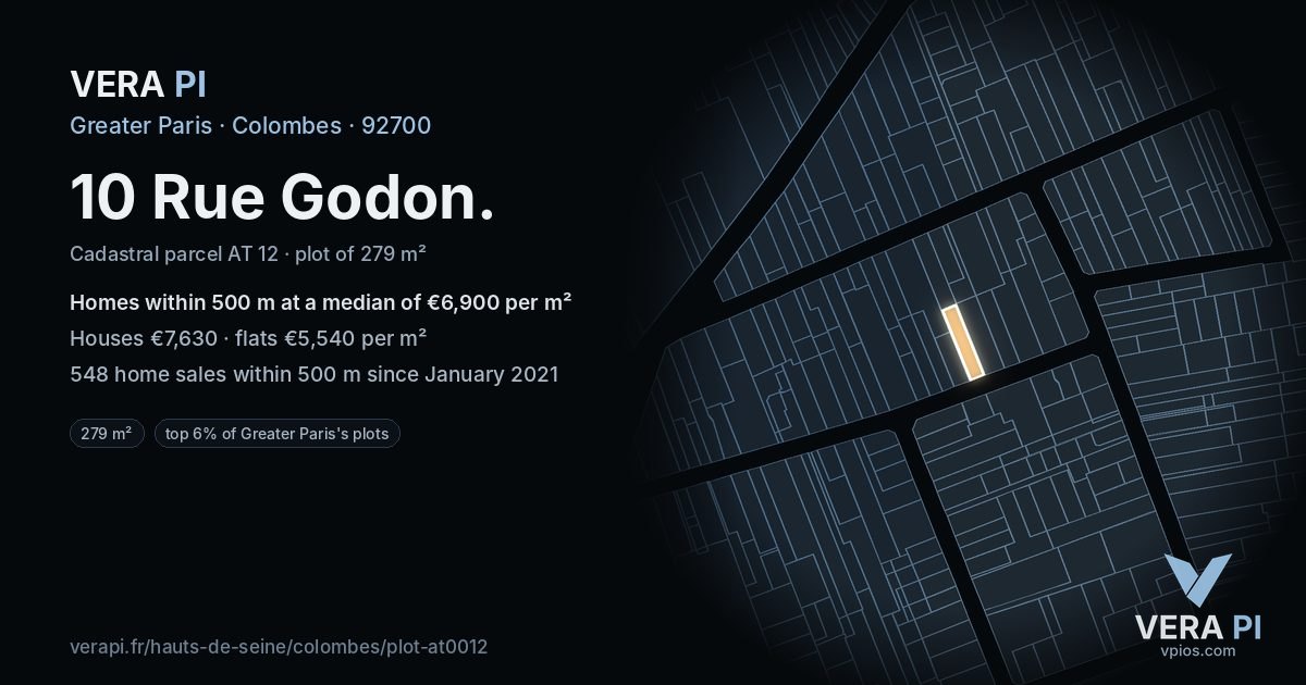 10 Rue Godon, Colombes at night – the plot lit, the parcels around coloured by the prices near them