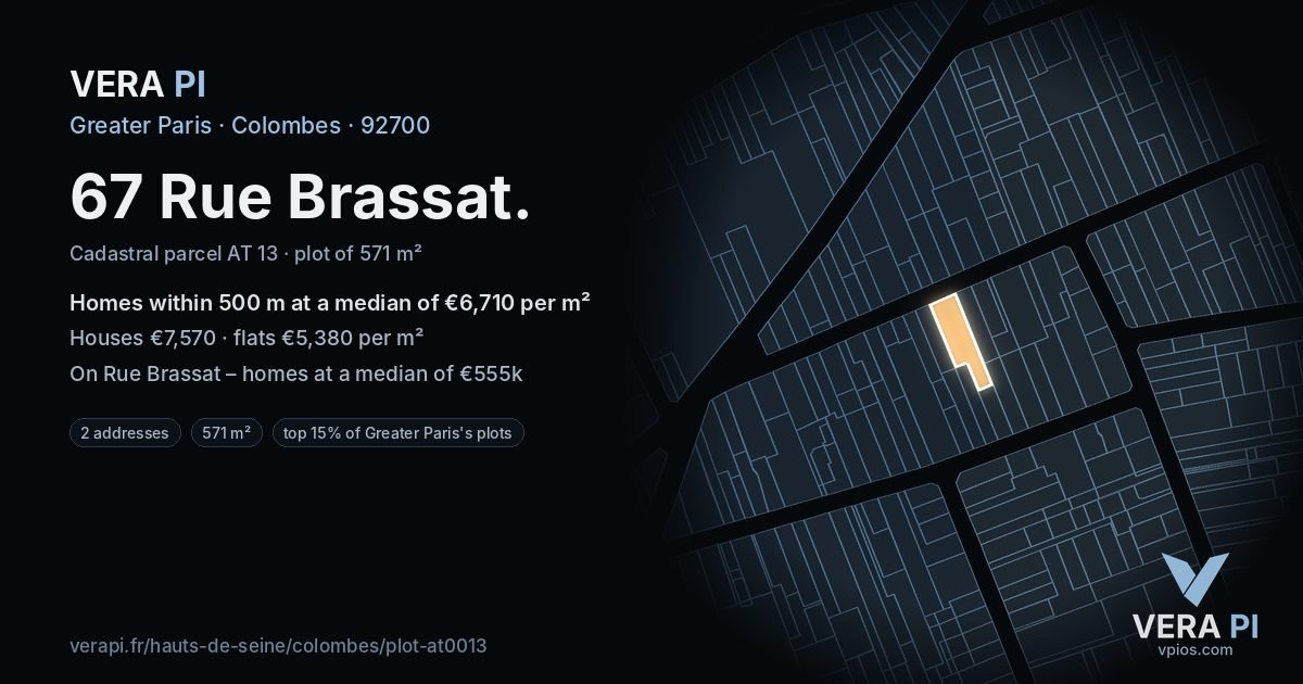 67 Rue Brassat, Colombes at night – the plot lit, the parcels around coloured by the prices near them