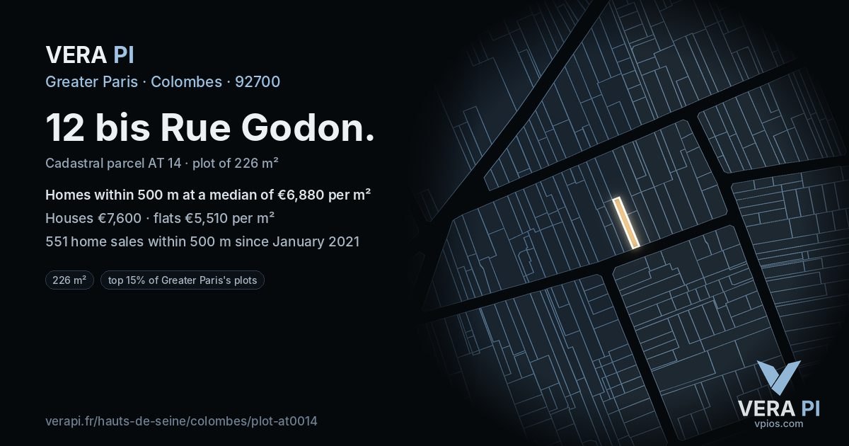12 bis Rue Godon, Colombes at night – the plot lit, the parcels around coloured by the prices near them