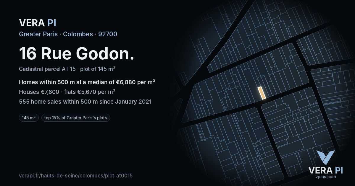 16 Rue Godon, Colombes at night – the plot lit, the parcels around coloured by the prices near them