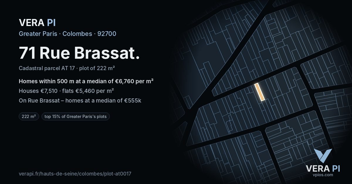 71 Rue Brassat, Colombes at night – the plot lit, the parcels around coloured by the prices near them