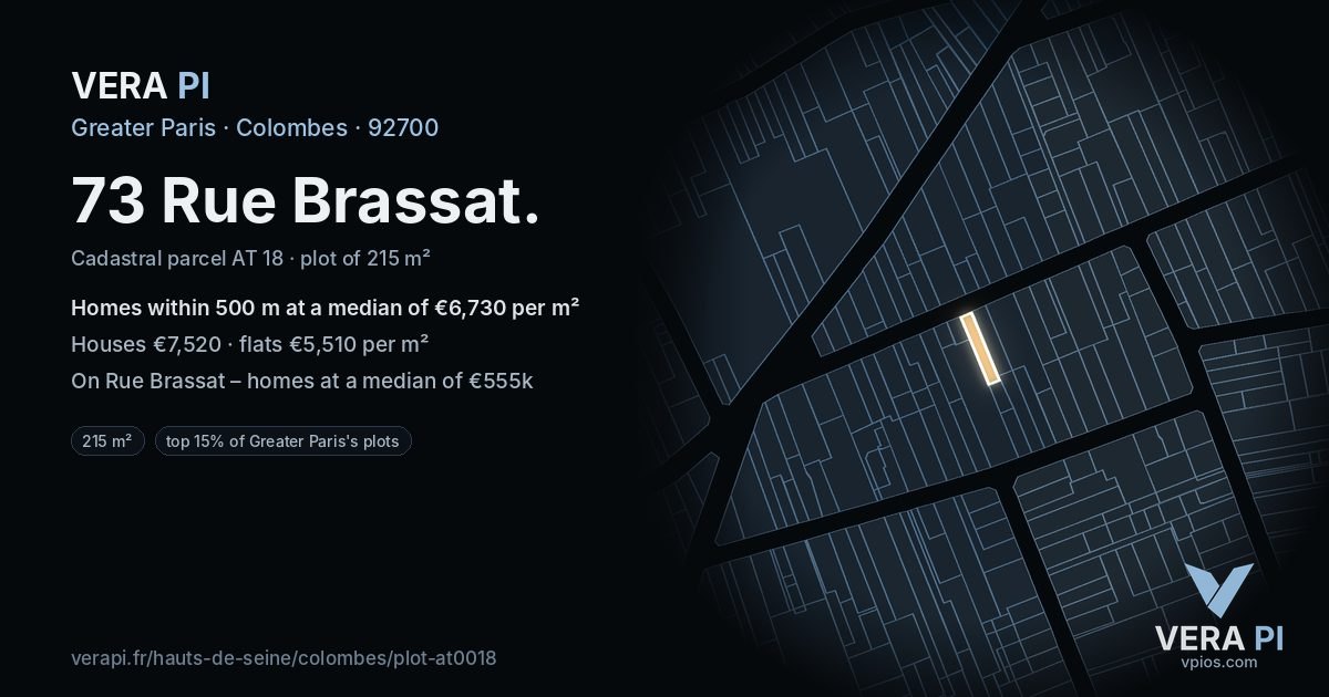73 Rue Brassat, Colombes at night – the plot lit, the parcels around coloured by the prices near them