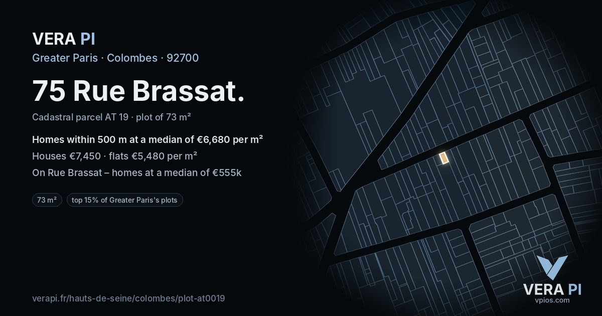 75 Rue Brassat, Colombes at night – the plot lit, the parcels around coloured by the prices near them