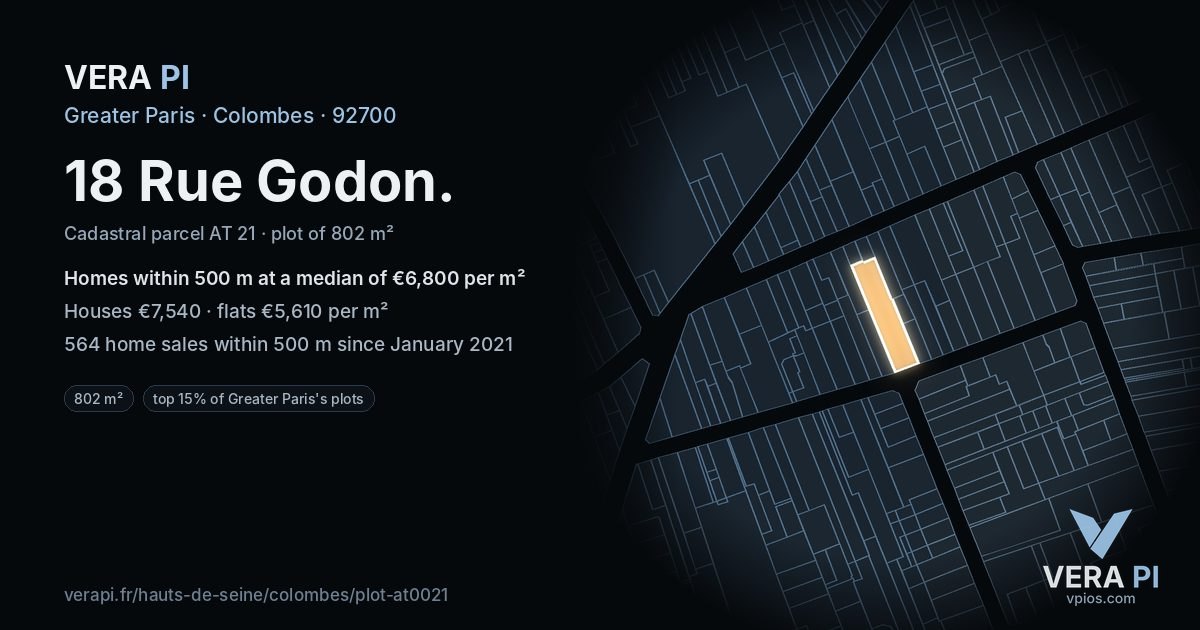 18 Rue Godon, Colombes at night – the plot lit, the parcels around coloured by the prices near them
