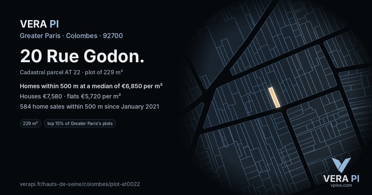 20 Rue Godon, Colombes at night – the plot lit, the parcels around coloured by the prices near them