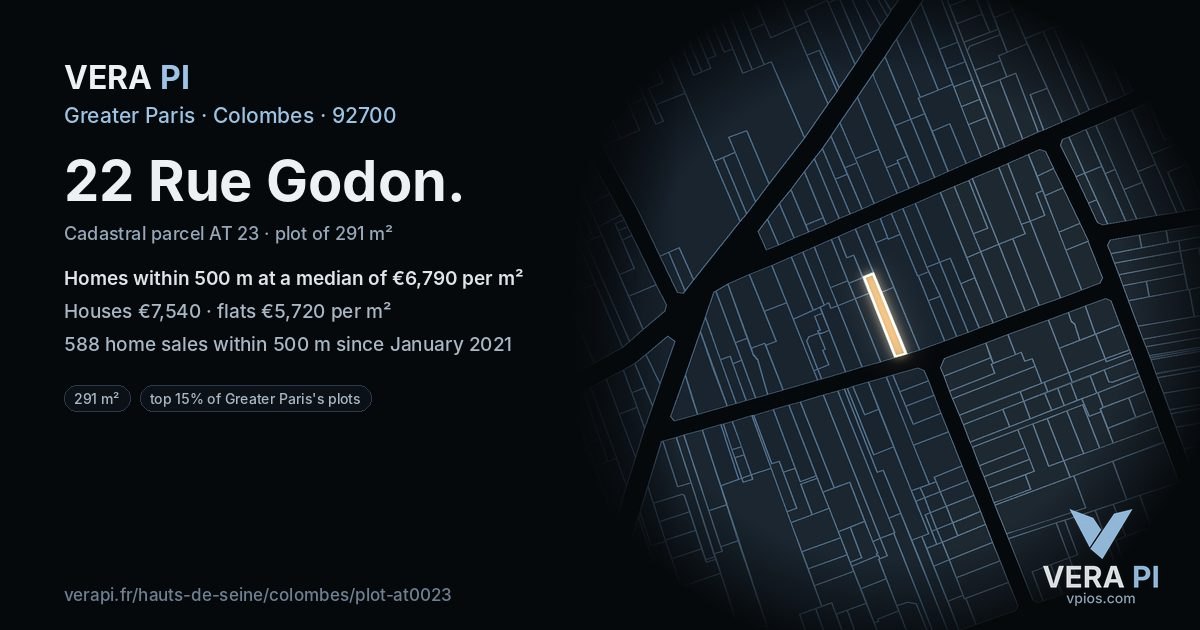 22 Rue Godon, Colombes at night – the plot lit, the parcels around coloured by the prices near them