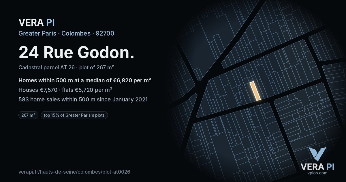24 Rue Godon, Colombes at night – the plot lit, the parcels around coloured by the prices near them