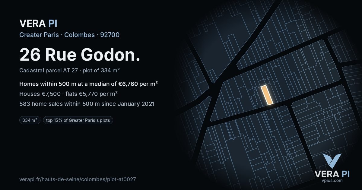 26 Rue Godon, Colombes at night – the plot lit, the parcels around coloured by the prices near them