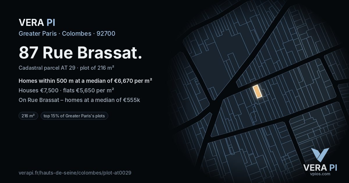 87 Rue Brassat, Colombes at night – the plot lit, the parcels around coloured by the prices near them