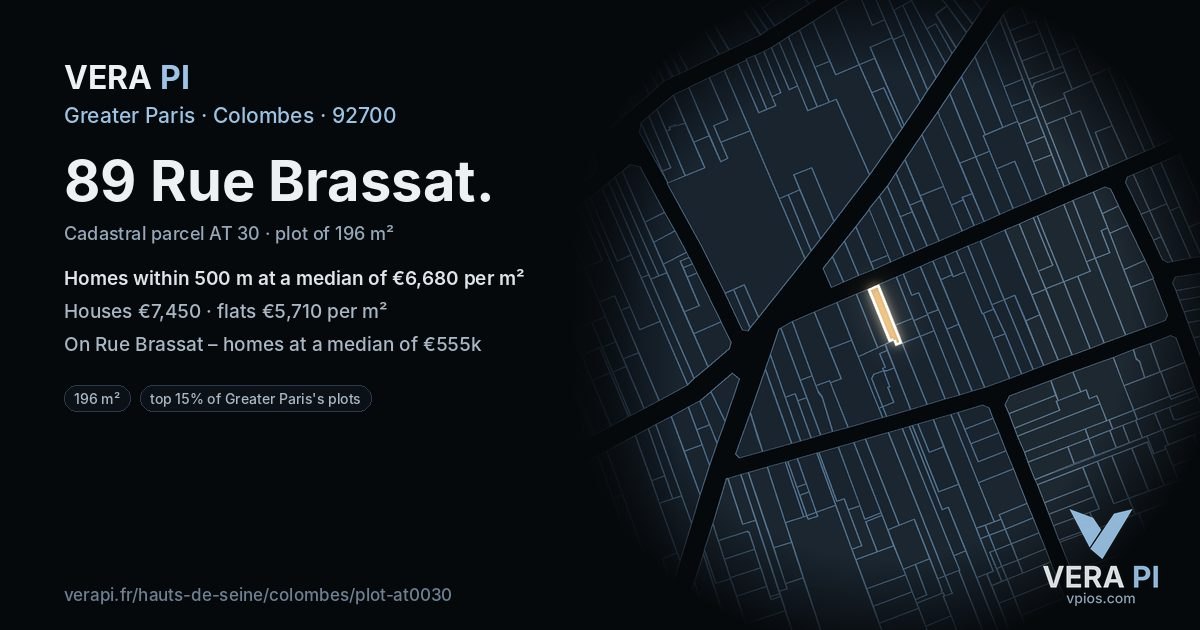 89 Rue Brassat, Colombes at night – the plot lit, the parcels around coloured by the prices near them