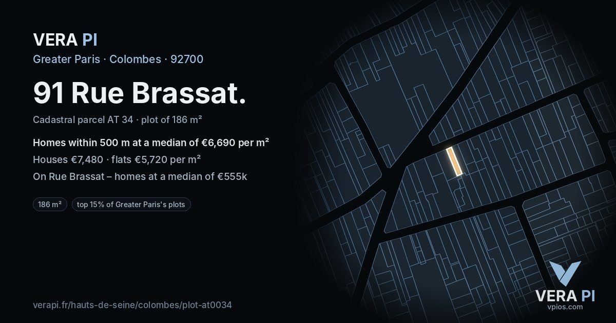 91 Rue Brassat, Colombes at night – the plot lit, the parcels around coloured by the prices near them
