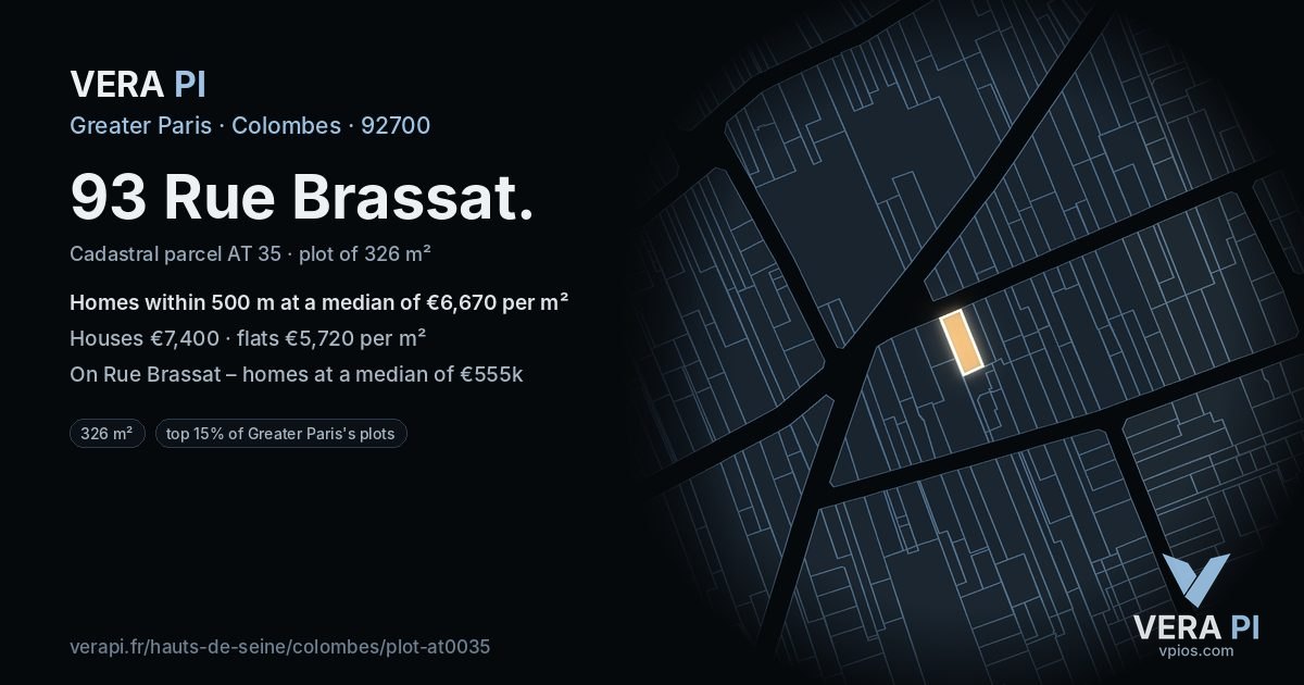 93 Rue Brassat, Colombes at night – the plot lit, the parcels around coloured by the prices near them