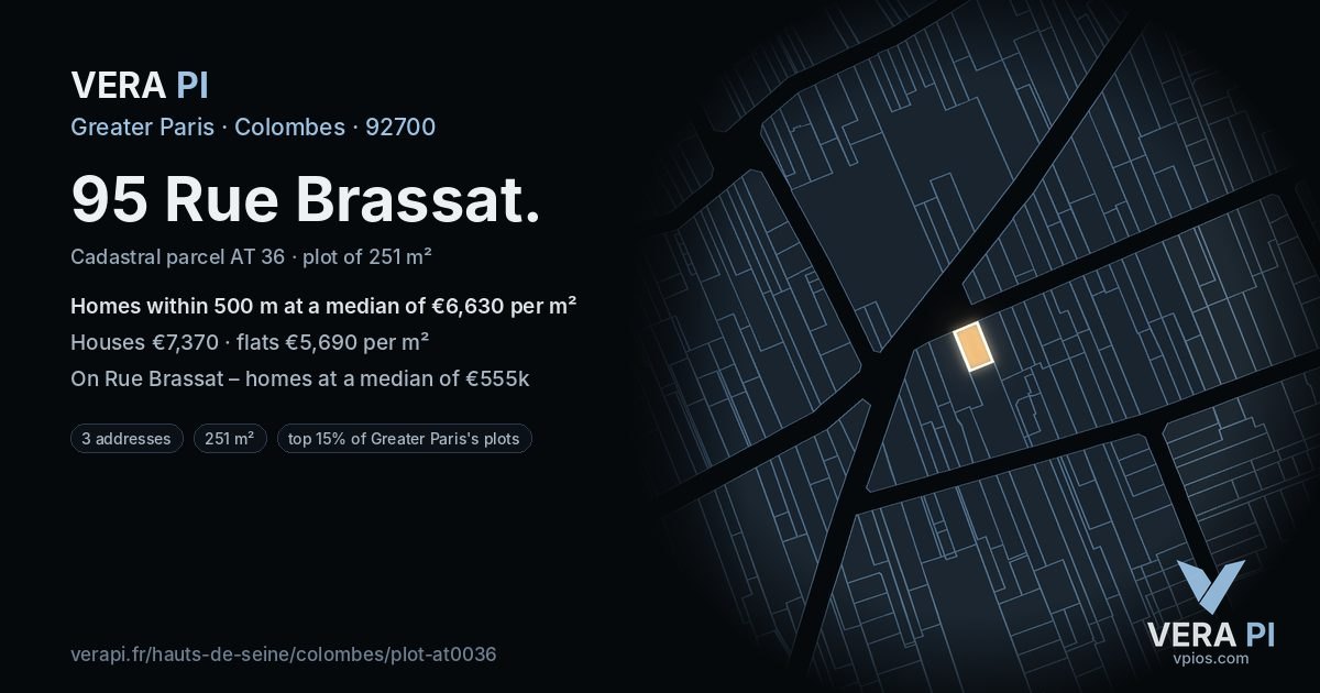 95 Rue Brassat, Colombes at night – the plot lit, the parcels around coloured by the prices near them