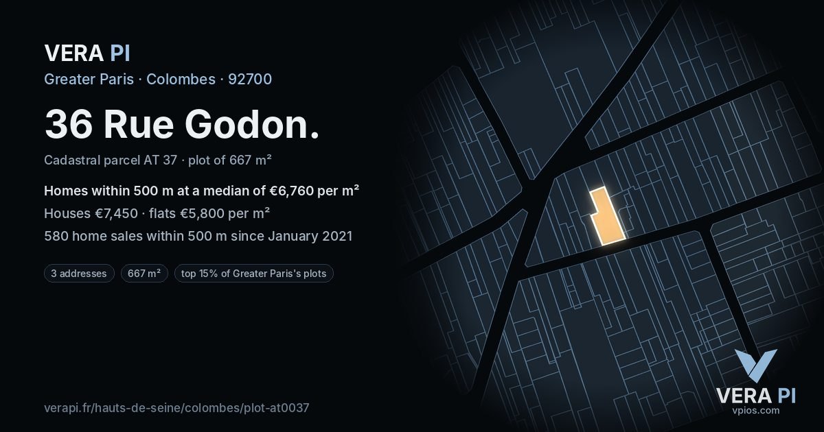 36 Rue Godon, Colombes at night – the plot lit, the parcels around coloured by the prices near them