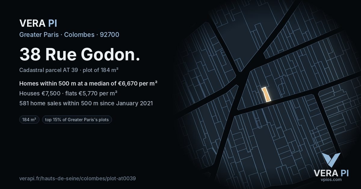 38 Rue Godon, Colombes at night – the plot lit, the parcels around coloured by the prices near them