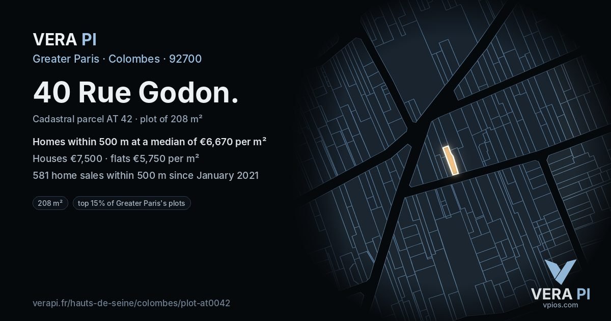 40 Rue Godon, Colombes at night – the plot lit, the parcels around coloured by the prices near them
