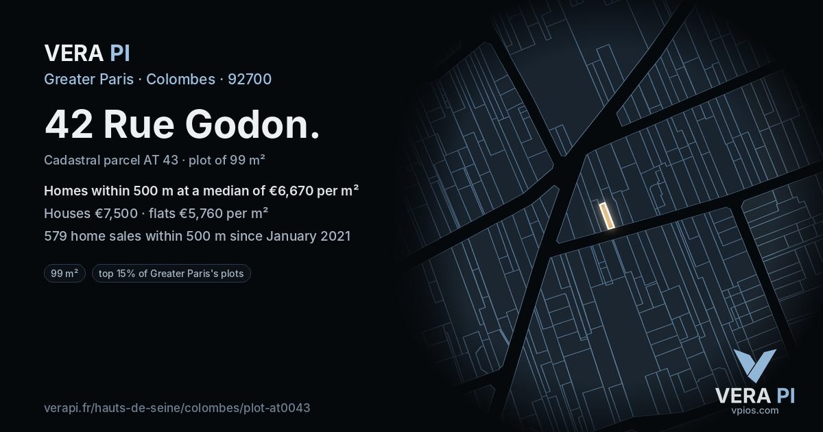42 Rue Godon, Colombes at night – the plot lit, the parcels around coloured by the prices near them