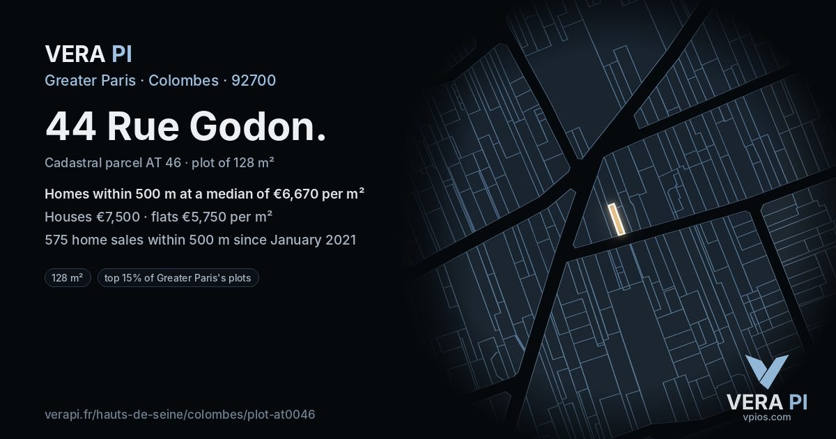 44 Rue Godon, Colombes at night – the plot lit, the parcels around coloured by the prices near them