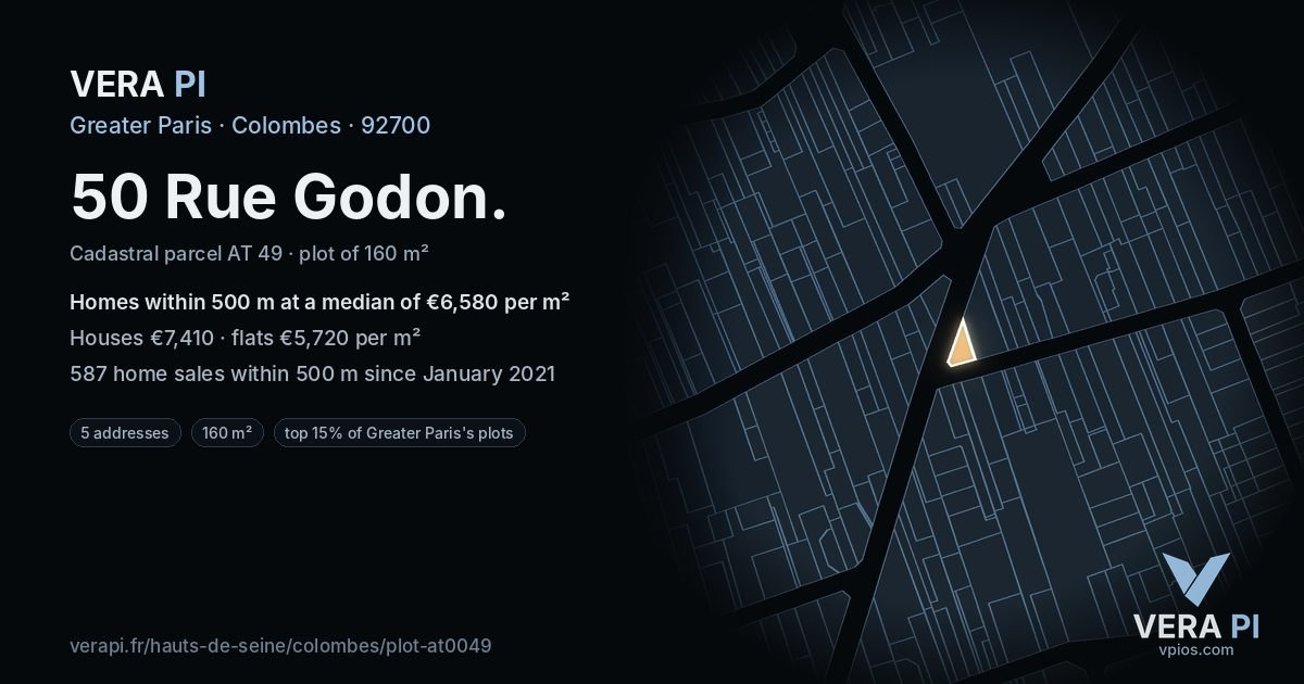 50 Rue Godon, Colombes at night – the plot lit, the parcels around coloured by the prices near them