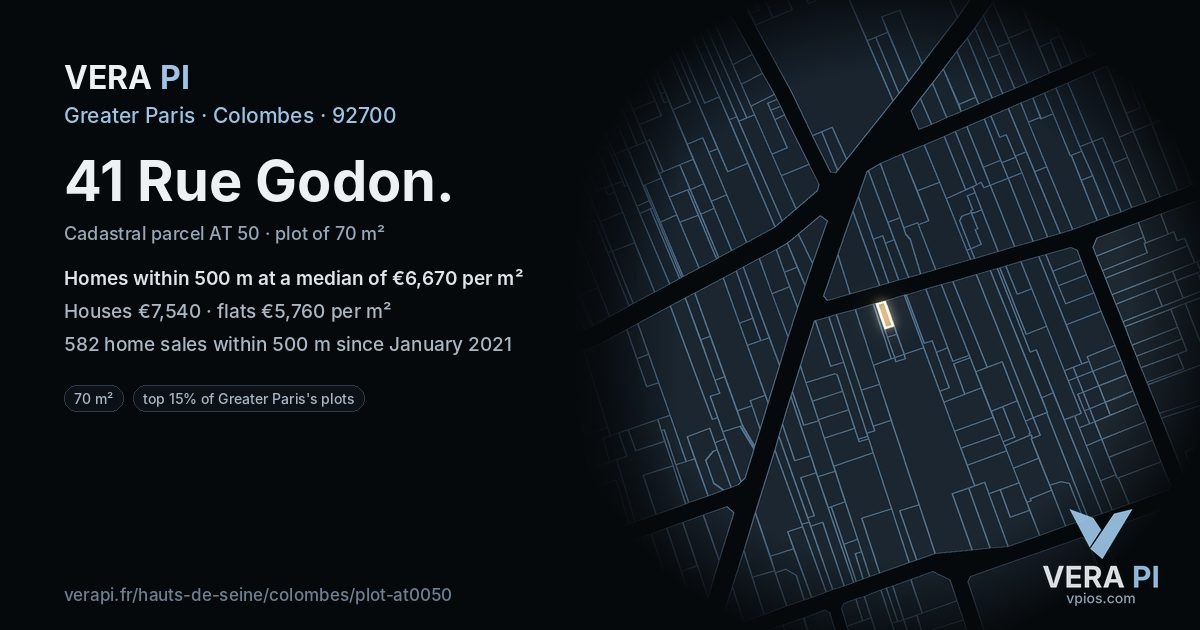 41 Rue Godon, Colombes at night – the plot lit, the parcels around coloured by the prices near them