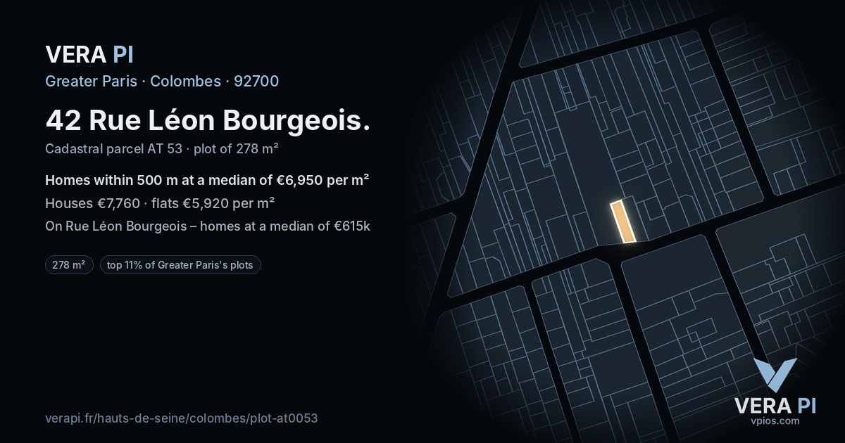 42 Rue Léon Bourgeois, Colombes at night – the plot lit, the parcels around coloured by the prices near them