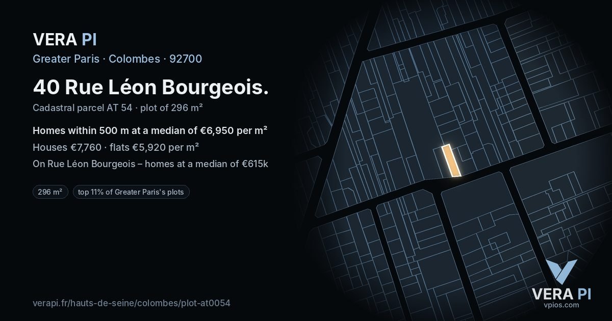 40 Rue Léon Bourgeois, Colombes at night – the plot lit, the parcels around coloured by the prices near them
